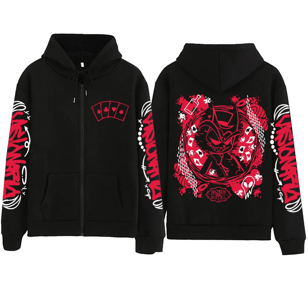 Anime Hazbin-Hotel Zipper Hoodie Man Woman Harajuku Pullover Tops Long Sleeve Streetwear Sweatshirt