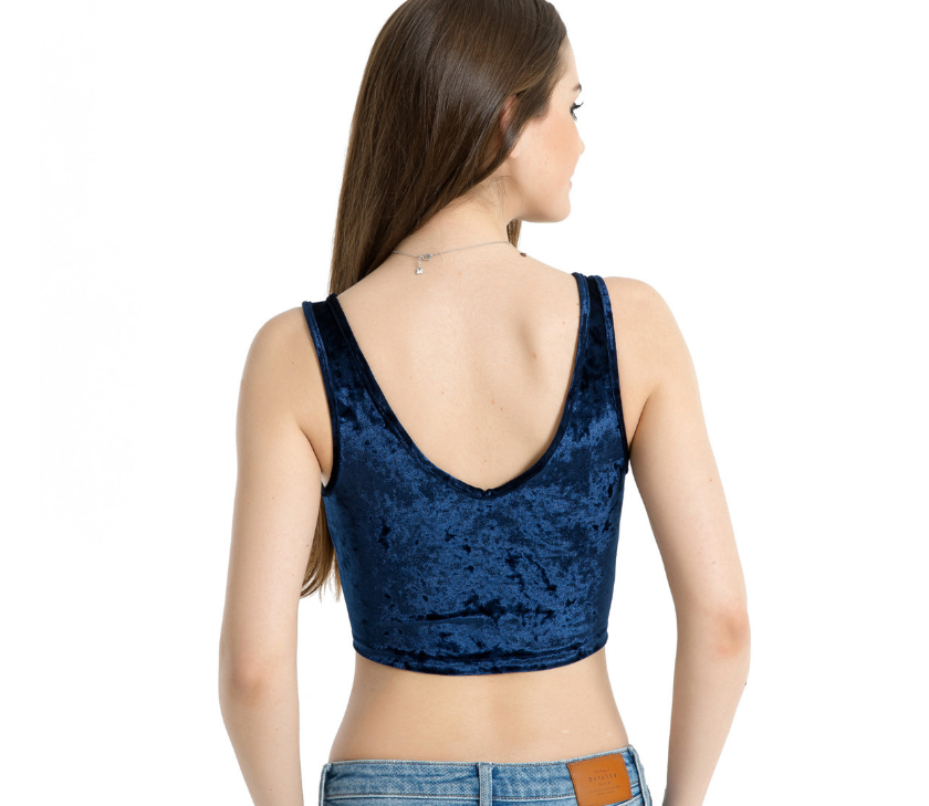 Black and Blue Velvet Crop Top with V-Neck Design