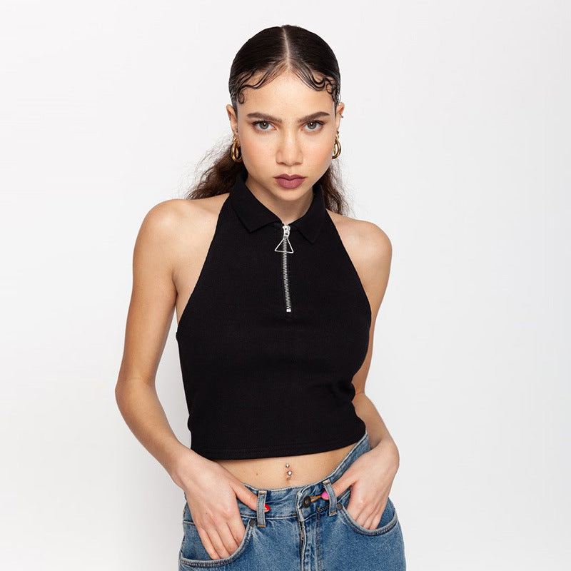 Solid Color Zipper Crop Top with Halter Neck