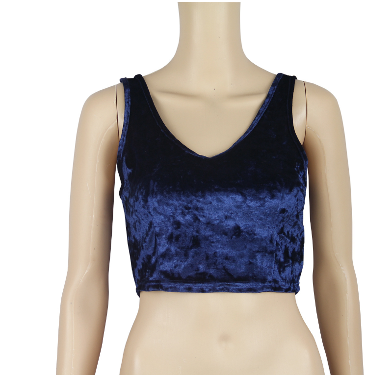Black and Blue Velvet Crop Top with V-Neck Design