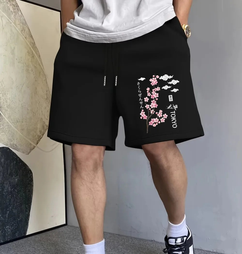 Tokyo Cherry Blossoms Birds Prints Pants Mens Sporty High Waisted Wide Shorts Summer Oversized Shorts Casual Pocket Male Clothes