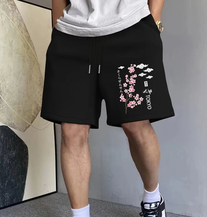 Tokyo Cherry Blossoms Birds Prints Pants Mens Sporty High Waisted Wide Shorts Summer Oversized Shorts Casual Pocket Male Clothes