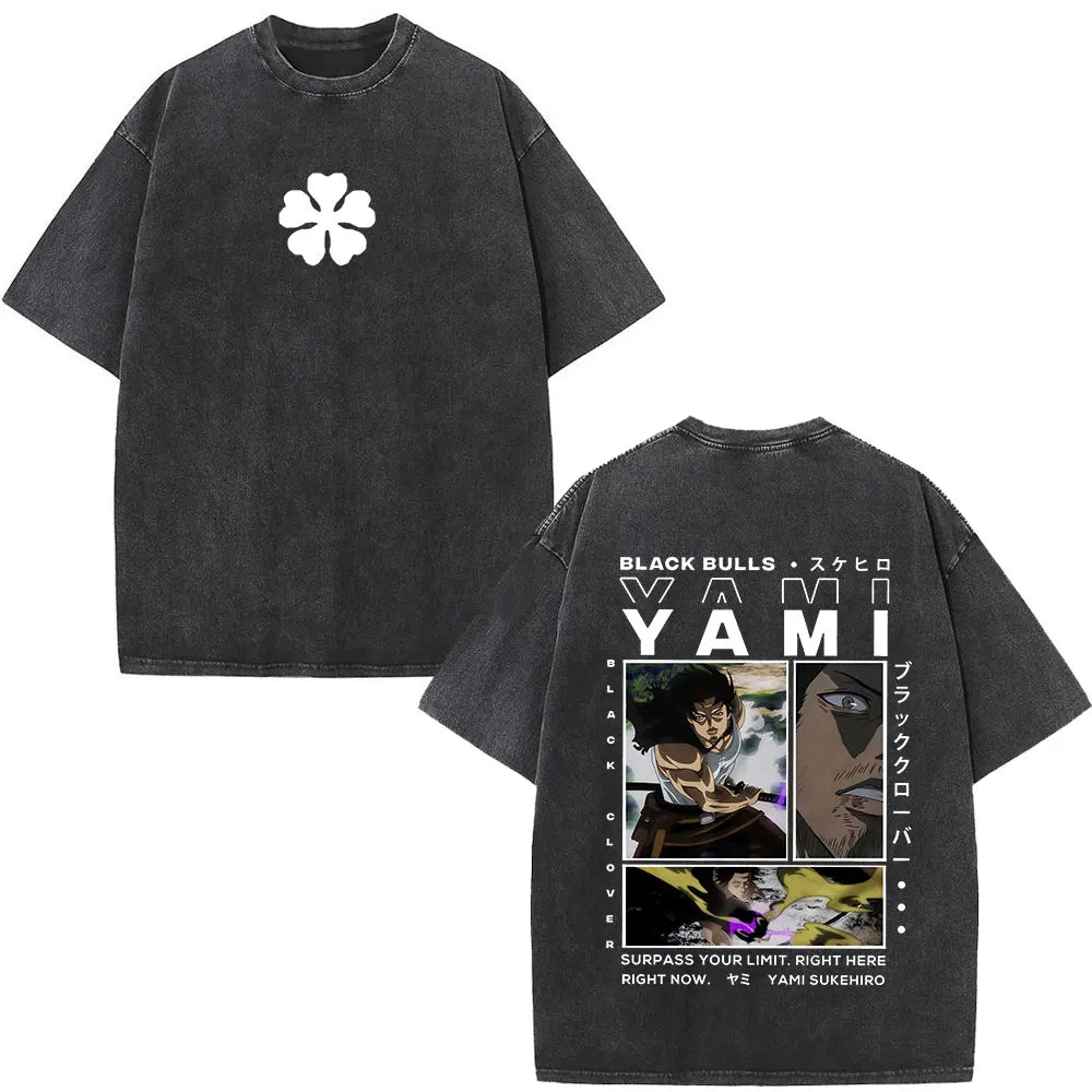 Washed Anime Black Clover Logo Graphic Print T-shirt Harajuku Summer Fashion Casual Cotton Oversized T-shirts Tops Streetwear
