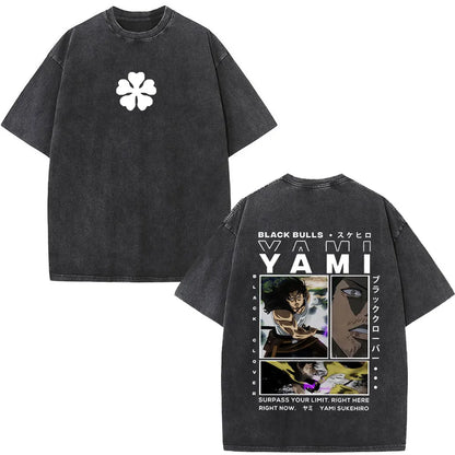 Washed Anime Black Clover Logo Graphic Print T-shirt Harajuku Summer Fashion Casual Cotton Oversized T-shirts Tops Streetwear
