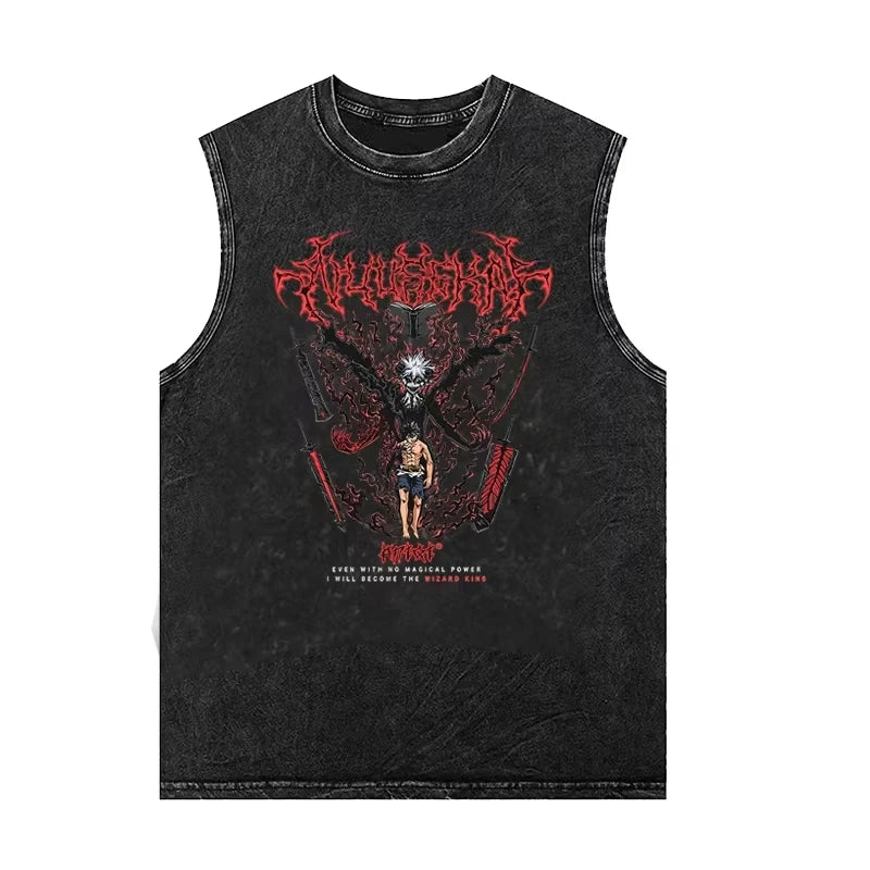 2026 New Summer Oversized Black Clover Asta Anti-Magic Demon Washed Sleeveless Tank Top, Vintage Distressed Anime Streetwear