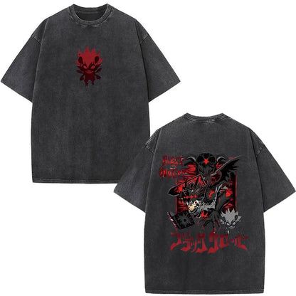 Washed Anime Black Clover Logo Graphic Print T-shirt Harajuku Summer Fashion Casual Cotton Oversized T-shirts Tops Streetwear