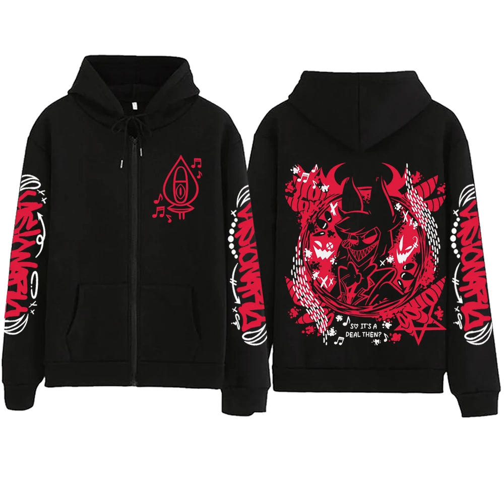 Anime Hazbin-Hotel Zipper Hoodie Man Woman Harajuku Pullover Tops Long Sleeve Streetwear Sweatshirt