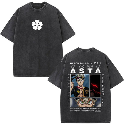 Washed Anime Black Clover Logo Graphic Print T-shirt Harajuku Summer Fashion Casual Cotton Oversized T-shirts Tops Streetwear