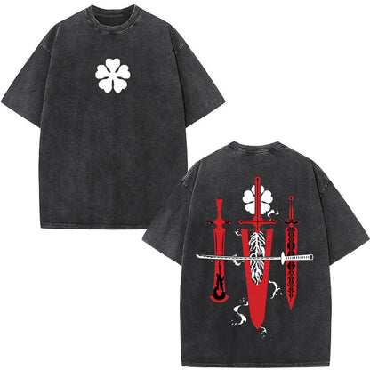 Washed Anime Black Clover Logo Graphic Print T-shirt Harajuku Summer Fashion Casual Cotton Oversized T-shirts Tops Streetwear