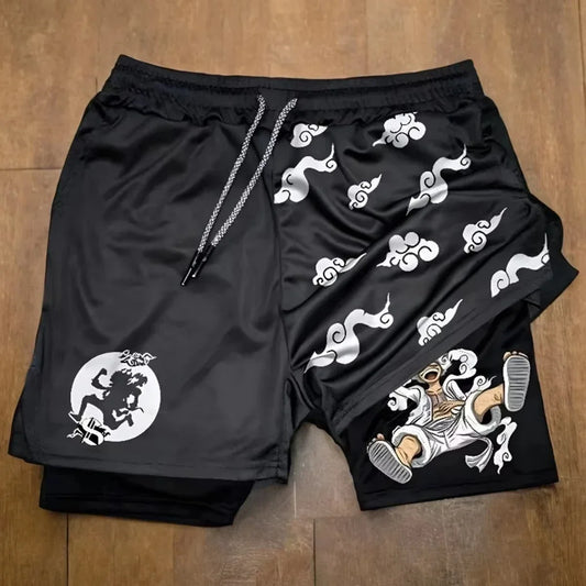 Fashion Anime Printed Motorcycle Shorts Men's Quick Drying Sports Shorts Lined with Double Layer Running Fitness Fake Two Pieces