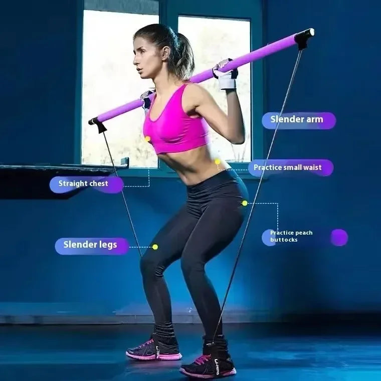 Multifunctional Pilates Bar Combination Fitness Bar Yoga Chest Expansion Tension Rope Back Trainer Elastic Rope Stretching Belt