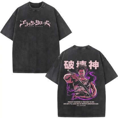 Washed Anime Black Clover Logo Graphic Print T-shirt Harajuku Summer Fashion Casual Cotton Oversized T-shirts Tops Streetwear