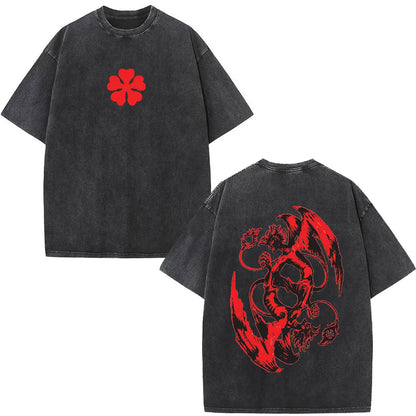 Washed Anime Black Clover Logo Graphic Print T-shirt Harajuku Summer Fashion Casual Cotton Oversized T-shirts Tops Streetwear
