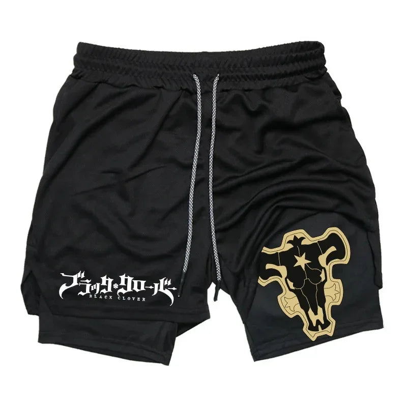 Summer New Black Five-leaf Clover Printed Men's and Women's Shorts Double-layer Loose Sports and Casual Pants for Beach Fitness