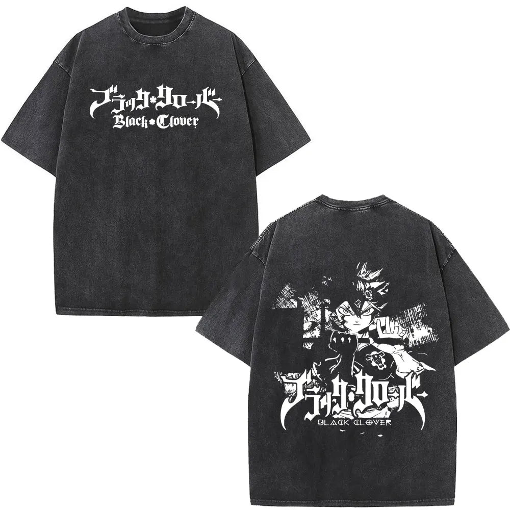 Washed Anime Black Clover Logo Graphic Print T-shirt Harajuku Summer Fashion Casual Cotton Oversized T-shirts Tops Streetwear