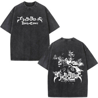 Washed Anime Black Clover Logo Graphic Print T-shirt Harajuku Summer Fashion Casual Cotton Oversized T-shirts Tops Streetwear