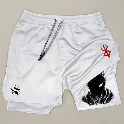 Fashion Anime Printed Motorcycle Shorts Men's Quick Drying Sports Shorts Lined with Double Layer Running Fitness Fake Two Pieces
