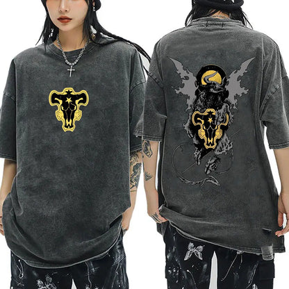 Washed Anime Black Clover Logo Graphic Print T-shirt Harajuku Summer Fashion Casual Cotton Oversized T-shirts Tops Streetwear