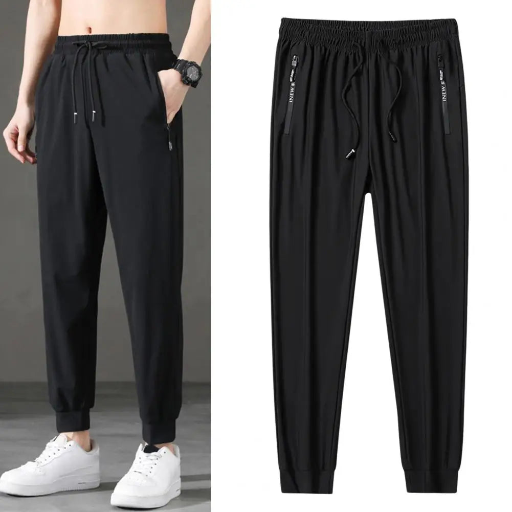 Jogging Trousers Elastic Waistband Drawstring Pocket Letter Print Pants Summer Ice Silk Thin Sport Fitness Sweatpants Streetwear