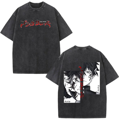 Washed Anime Black Clover Logo Graphic Print T-shirt Harajuku Summer Fashion Casual Cotton Oversized T-shirts Tops Streetwear