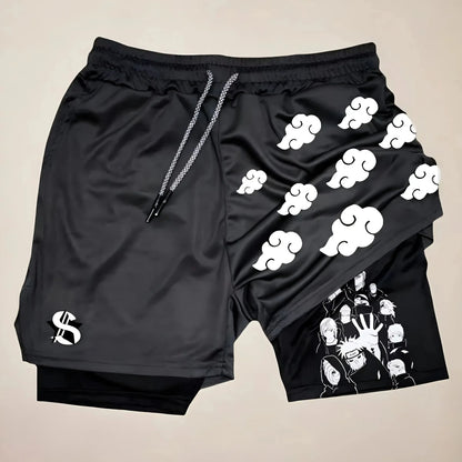Fashion Anime Printed Motorcycle Shorts Men's Quick Drying Sports Shorts Lined with Double Layer Running Fitness Fake Two Pieces