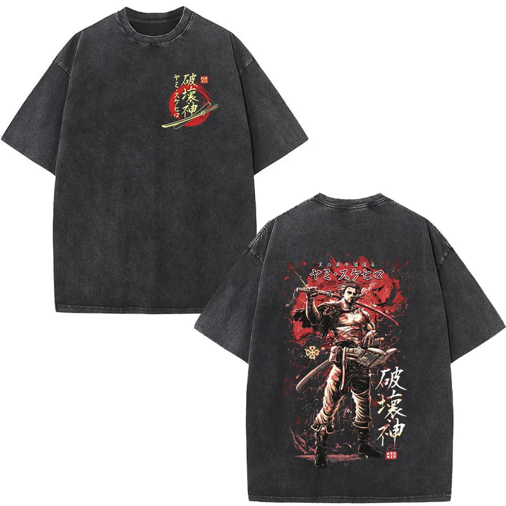 Washed Anime Black Clover Logo Graphic Print T-shirt Harajuku Summer Fashion Casual Cotton Oversized T-shirts Tops Streetwear