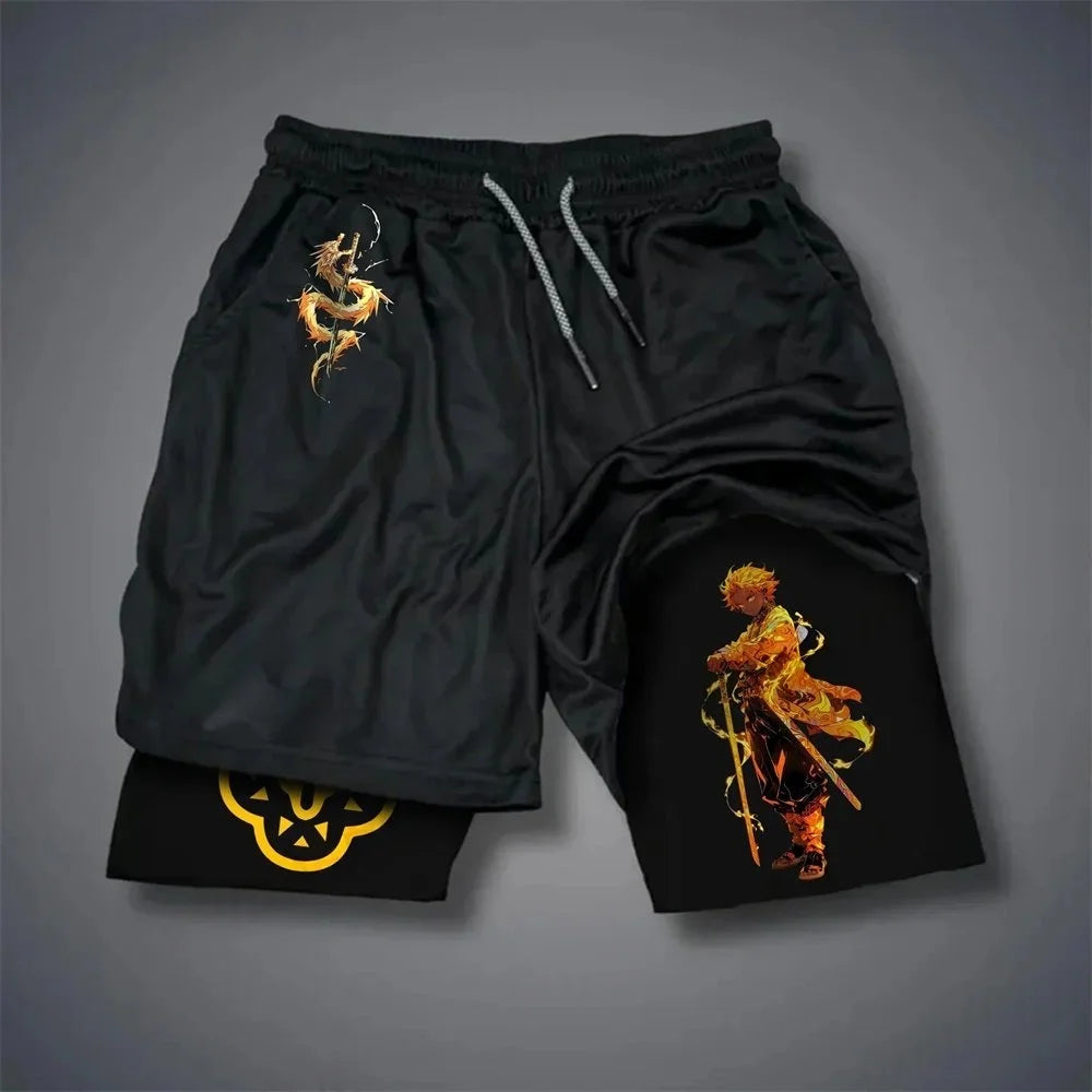 Demon Slayer Men's Double-layer Shorts Zenitsu Agatsuma Summer Japanese Anime Fake Two-piece Sports Fitness Quick-drying Shorts