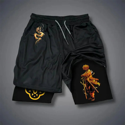 Demon Slayer Men's Double-layer Shorts Zenitsu Agatsuma Summer Japanese Anime Fake Two-piece Sports Fitness Quick-drying Shorts