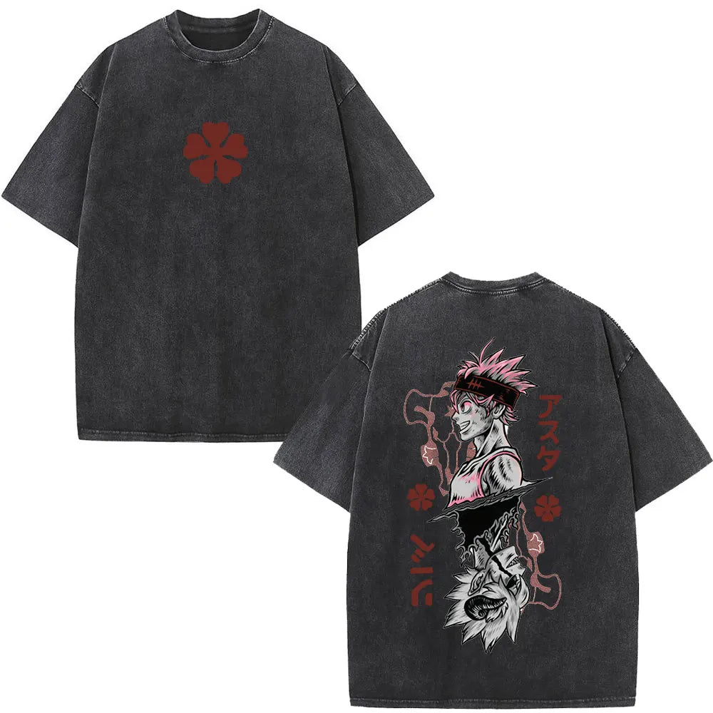 Washed Anime Black Clover Logo Graphic Print T-shirt Harajuku Summer Fashion Casual Cotton Oversized T-shirts Tops Streetwear