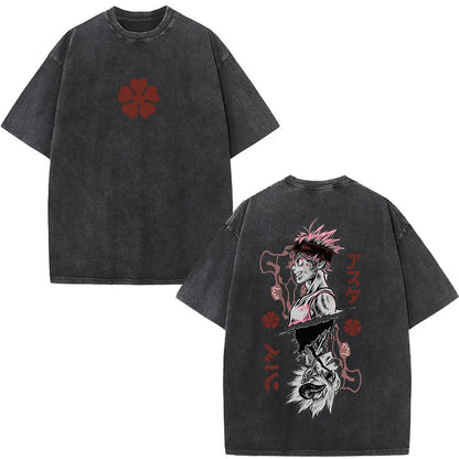 Washed Anime Black Clover Logo Graphic Print T-shirt Harajuku Summer Fashion Casual Cotton Oversized T-shirts Tops Streetwear