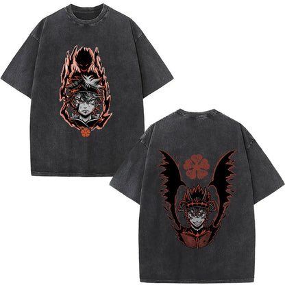 Washed Anime Black Clover Logo Graphic Print T-shirt Harajuku Summer Fashion Casual Cotton Oversized T-shirts Tops Streetwear