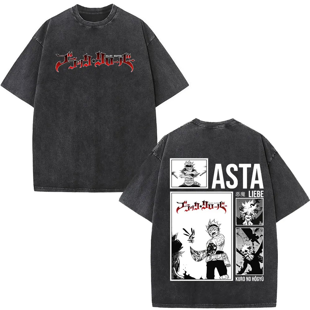 Washed Anime Black Clover Logo Graphic Print T-shirt Harajuku Summer Fashion Casual Cotton Oversized T-shirts Tops Streetwear
