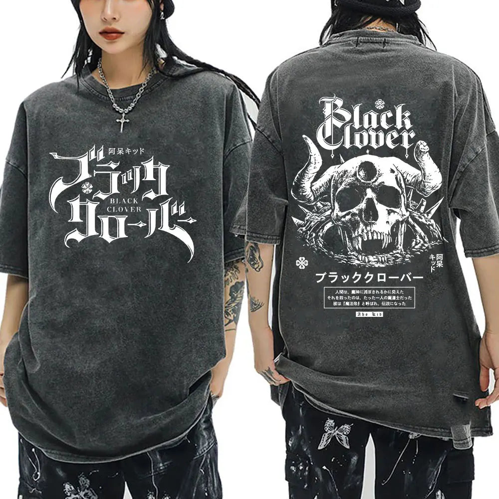 Washed Anime Black Clover Logo Graphic Print T-shirt Harajuku Summer Fashion Casual Cotton Oversized T-shirts Tops Streetwear