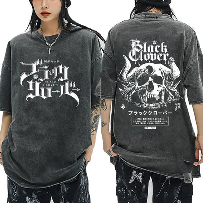 Washed Anime Black Clover Logo Graphic Print T-shirt Harajuku Summer Fashion Casual Cotton Oversized T-shirts Tops Streetwear