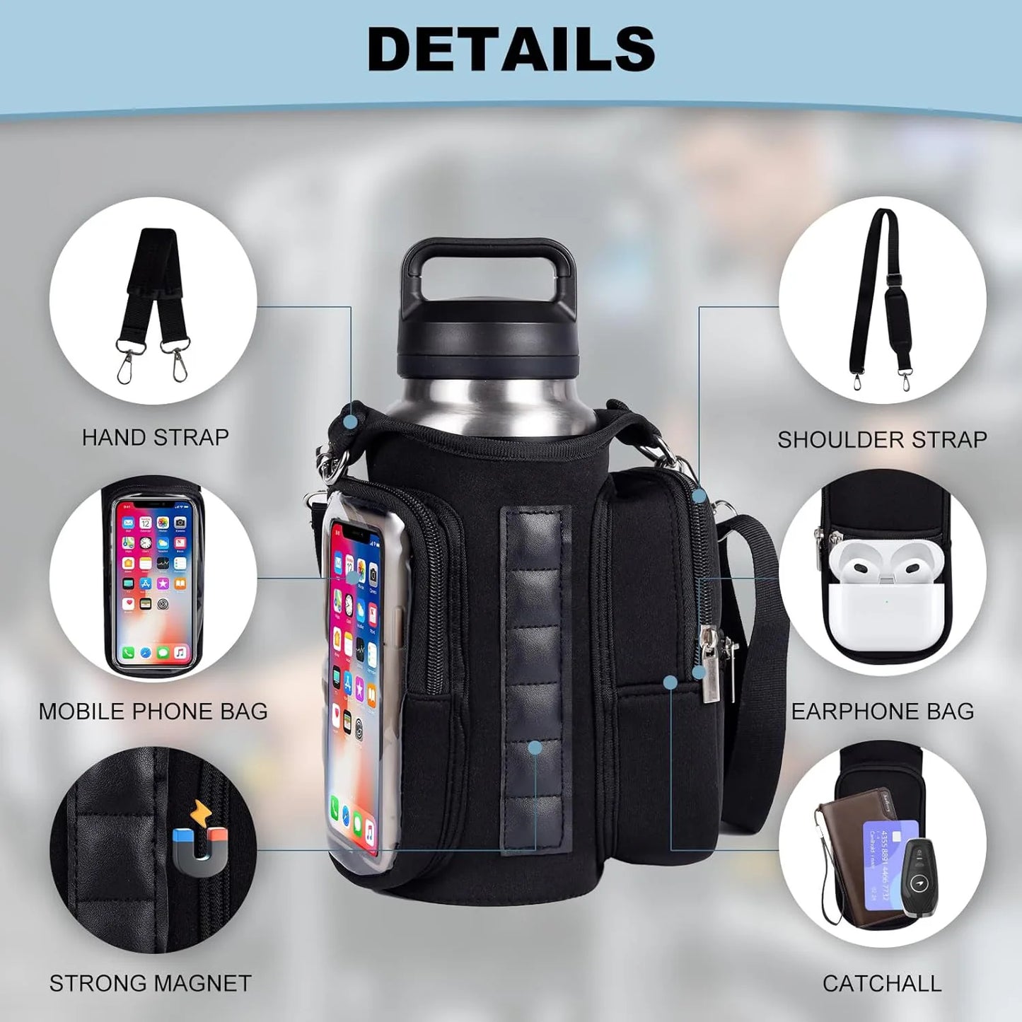 Geestock Magnetic Gym Bag Portable Magnetic Carrier Bag With Phone Pocket Fitness Water Bottle Pouch Gym Accessories Organizer