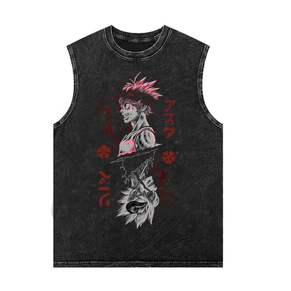 2026 New Summer Oversized Black Clover Asta Anti-Magic Demon Washed Sleeveless Tank Top, Vintage Distressed Anime Streetwear