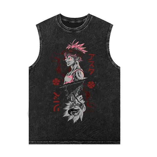 2026 New Summer Oversized Black Clover Asta Anti-Magic Demon Washed Sleeveless Tank Top, Vintage Distressed Anime Streetwear