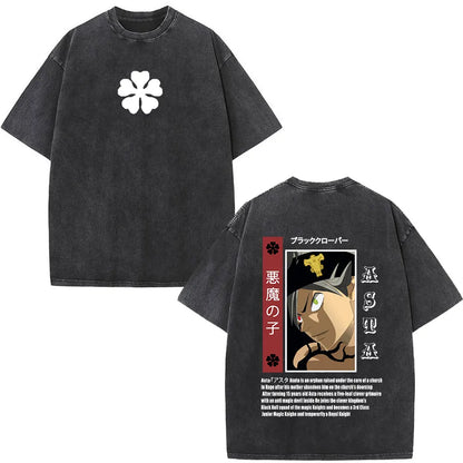 Washed Anime Black Clover Logo Graphic Print T-shirt Harajuku Summer Fashion Casual Cotton Oversized T-shirts Tops Streetwear