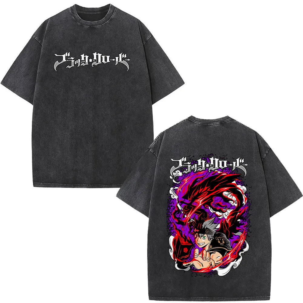 Washed Anime Black Clover Logo Graphic Print T-shirt Harajuku Summer Fashion Casual Cotton Oversized T-shirts Tops Streetwear