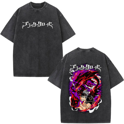 Washed Anime Black Clover Logo Graphic Print T-shirt Harajuku Summer Fashion Casual Cotton Oversized T-shirts Tops Streetwear
