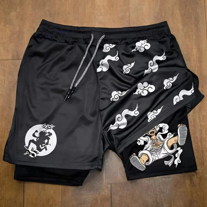Fashion Anime Printed Motorcycle Shorts Men's Quick Drying Sports Shorts Lined with Double Layer Running Fitness Fake Two Pieces