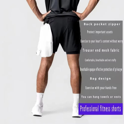 Demon Slayer Men's Double-layer Shorts Zenitsu Agatsuma Summer Japanese Anime Fake Two-piece Sports Fitness Quick-drying Shorts