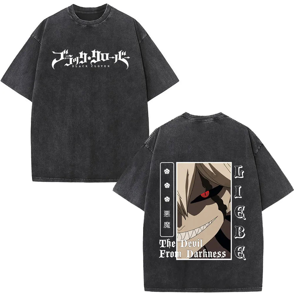 Washed Anime Black Clover Logo Graphic Print T-shirt Harajuku Summer Fashion Casual Cotton Oversized T-shirts Tops Streetwear