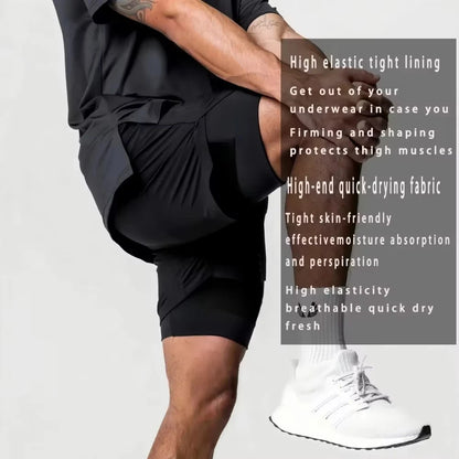 Demon Slayer Men's Double-layer Shorts Zenitsu Agatsuma Summer Japanese Anime Fake Two-piece Sports Fitness Quick-drying Shorts