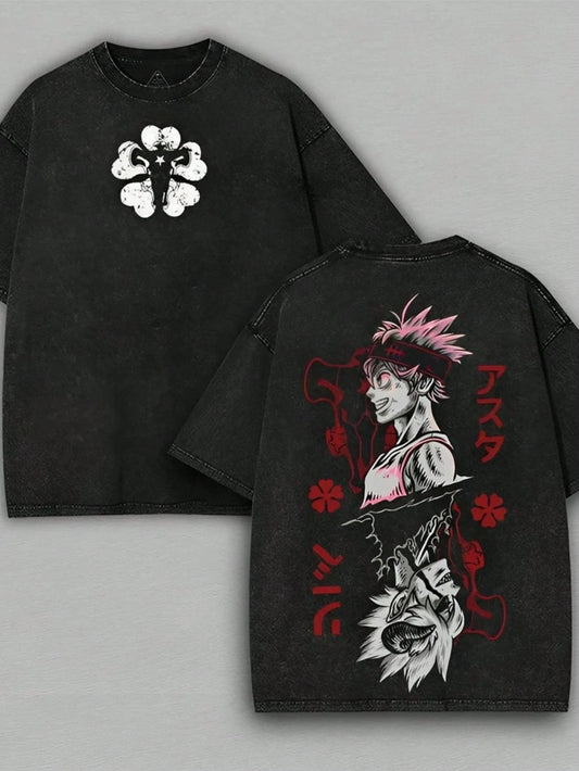 Asta Black Clover Anime_Manga_Game Double-Sided Print Acid-Washed T-Shirt, 90s Street Style Men's Soft Top, 90s Graphic T-Shirt