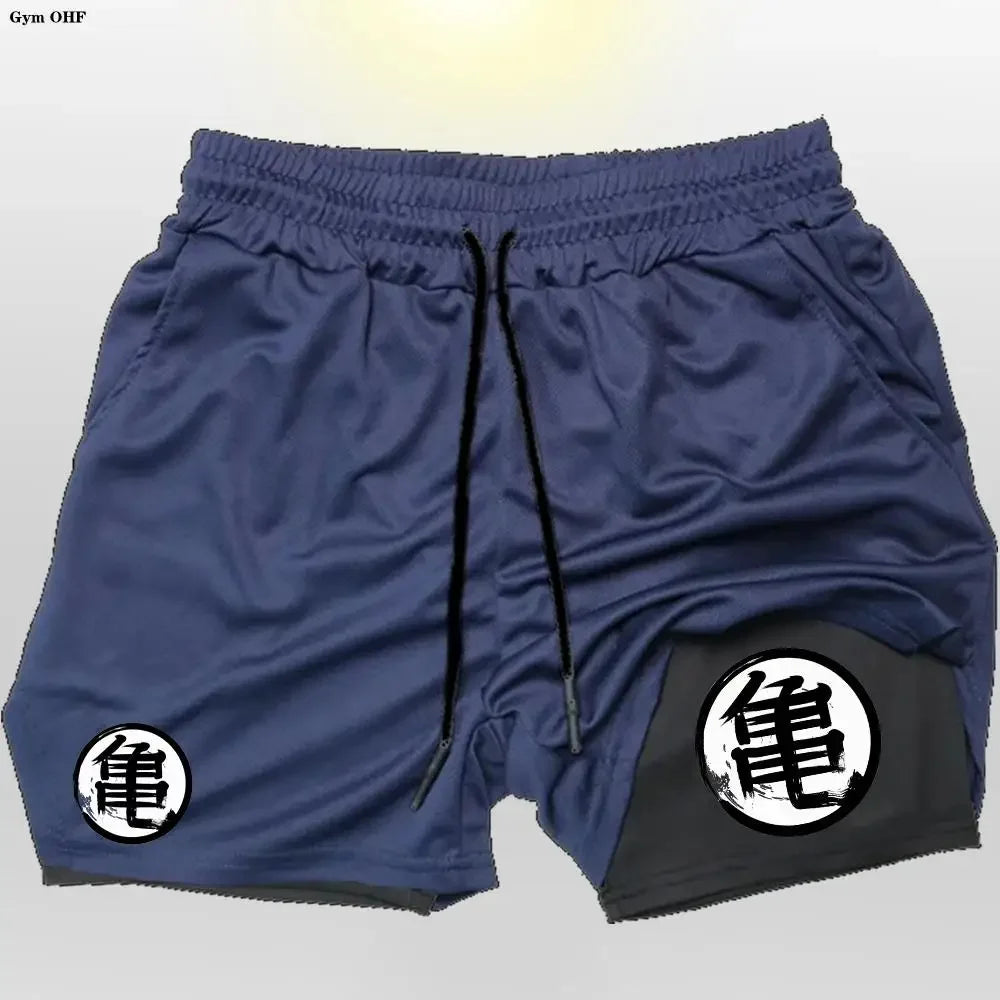 Goku Anime Running Shorts Men Fitness Gym Training 2 in 1 Sports Shorts Quick Dry Workout Jogging Double Deck Shorts