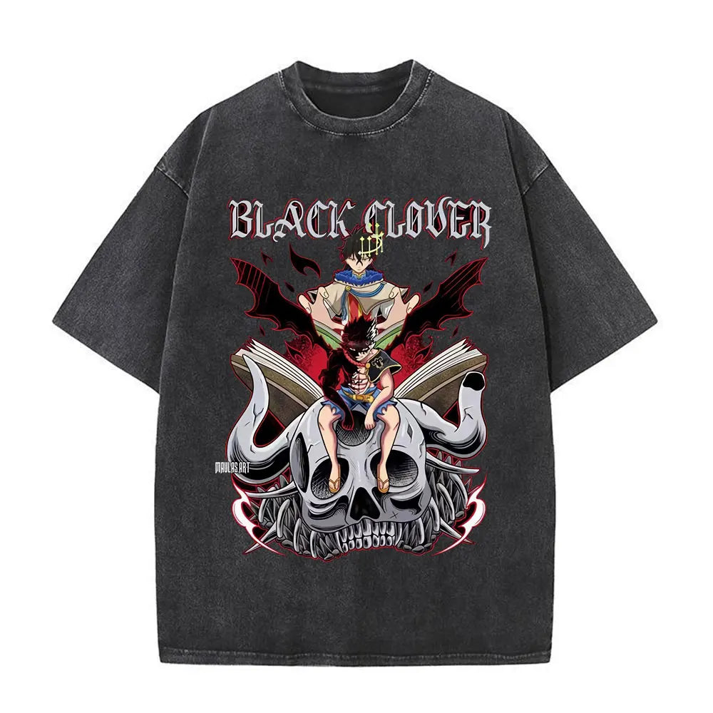 Washed Anime Black Clover Logo Graphic Print T-shirt Harajuku Summer Fashion Casual Cotton Oversized T-shirts Tops Streetwear