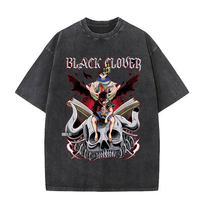 Washed Anime Black Clover Logo Graphic Print T-shirt Harajuku Summer Fashion Casual Cotton Oversized T-shirts Tops Streetwear