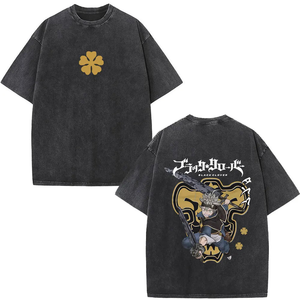 Washed Anime Black Clover Logo Graphic Print T-shirt Harajuku Summer Fashion Casual Cotton Oversized T-shirts Tops Streetwear