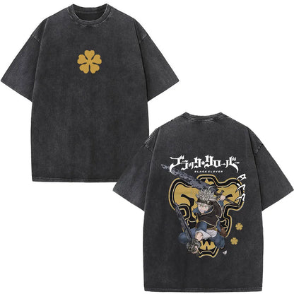 Washed Anime Black Clover Logo Graphic Print T-shirt Harajuku Summer Fashion Casual Cotton Oversized T-shirts Tops Streetwear